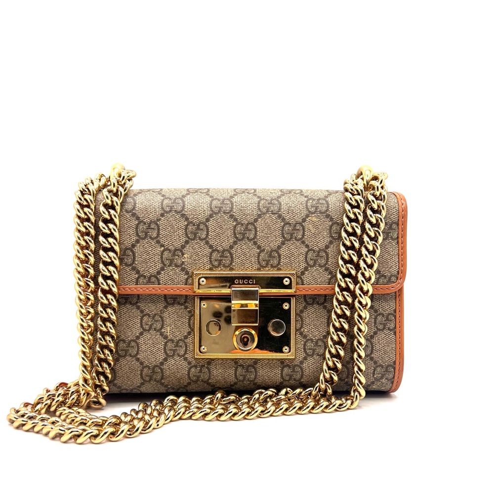 Authentic GUCCI GG Padlock Monogram Coated Canvas Pink Orange Leather Bag Purse